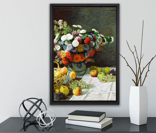 Claude Monet - Stillleben mit Blumen und Früchten auf Leinwandbild gerahmt mit Kirschblüten