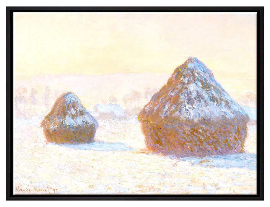 Claude Monet - Heuschober am Morgen Schneeeffekt  auf Leinwandbild gerahmt Größe 80x60