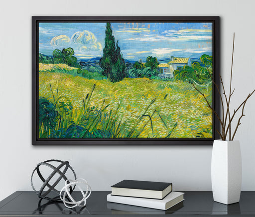 Vincent Van Gogh - Grünes Weizenfeld mit Zypressen auf Leinwandbild gerahmt mit Kirschblüten