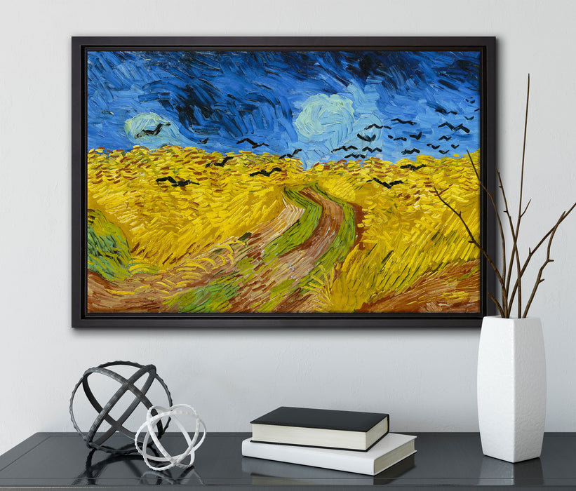 Vincent Van Gogh - Weizenfeld mit Krähen auf Leinwandbild gerahmt mit Kirschblüten