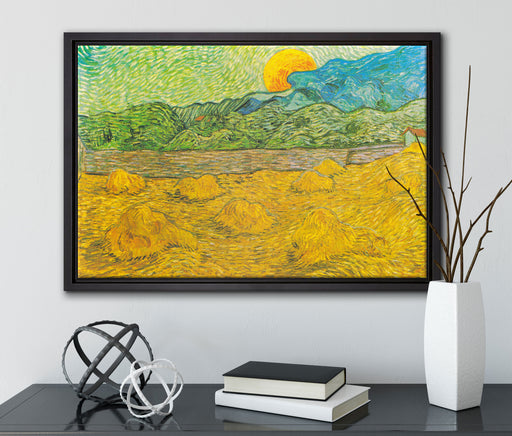 Vincent Van Gogh - Landschaft mit Weizenhaufen auf Leinwandbild gerahmt mit Kirschblüten
