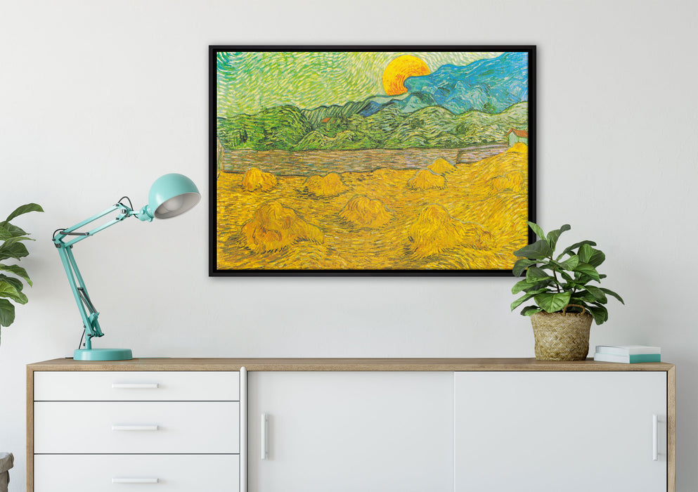 Vincent Van Gogh - Landschaft mit Weizenhaufen auf Leinwandbild gerahmt verschiedene Größen im Wohnzimmer