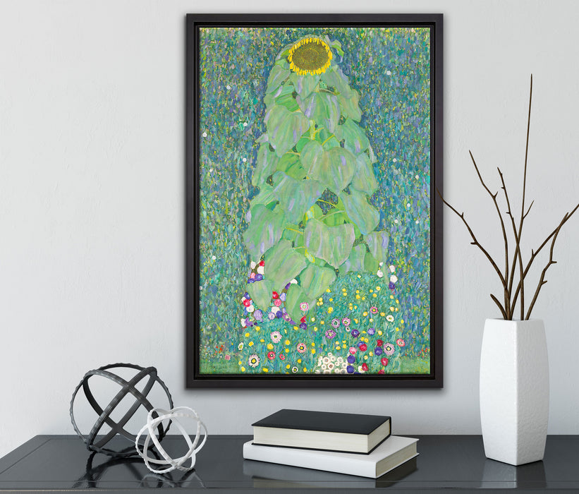 Gustav Klimt - Die Sonnenblume auf Leinwandbild gerahmt mit Kirschblüten
