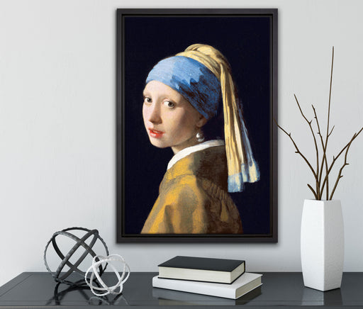 Johannes Vermeer - Mädchen mit dem Perlenohrring auf Leinwandbild gerahmt mit Kirschblüten
