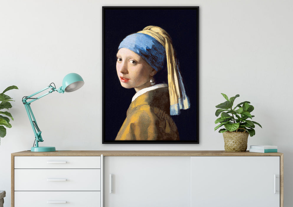 Johannes Vermeer - Mädchen mit dem Perlenohrring auf Leinwandbild gerahmt verschiedene Größen im Wohnzimmer