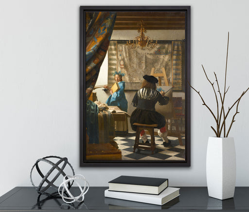 Johannes Vermeer - Die Allegorie der Malerei auf Leinwandbild gerahmt mit Kirschblüten