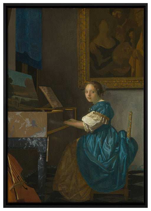 Johannes Vermeer - Sitzende Virginal Spielerin auf Leinwandbild gerahmt Größe 100x70