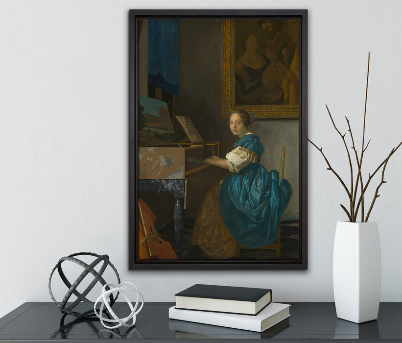 Johannes Vermeer - Sitzende Virginal Spielerin auf Leinwandbild gerahmt mit Kirschblüten