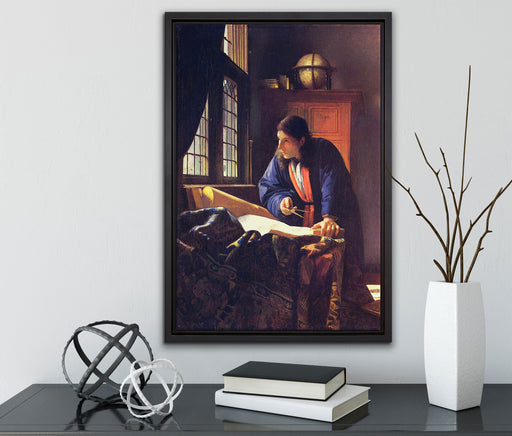Johannes Vermeer - Der Geograph auf Leinwandbild gerahmt mit Kirschblüten
