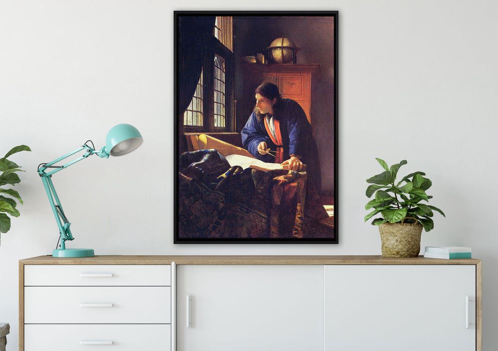 Johannes Vermeer - Der Geograph auf Leinwandbild gerahmt verschiedene Größen im Wohnzimmer