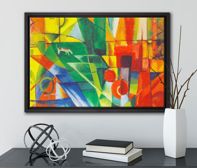 Franz Marc - Landschaft mit Haus Hund und Rind auf Leinwandbild gerahmt mit Kirschblüten