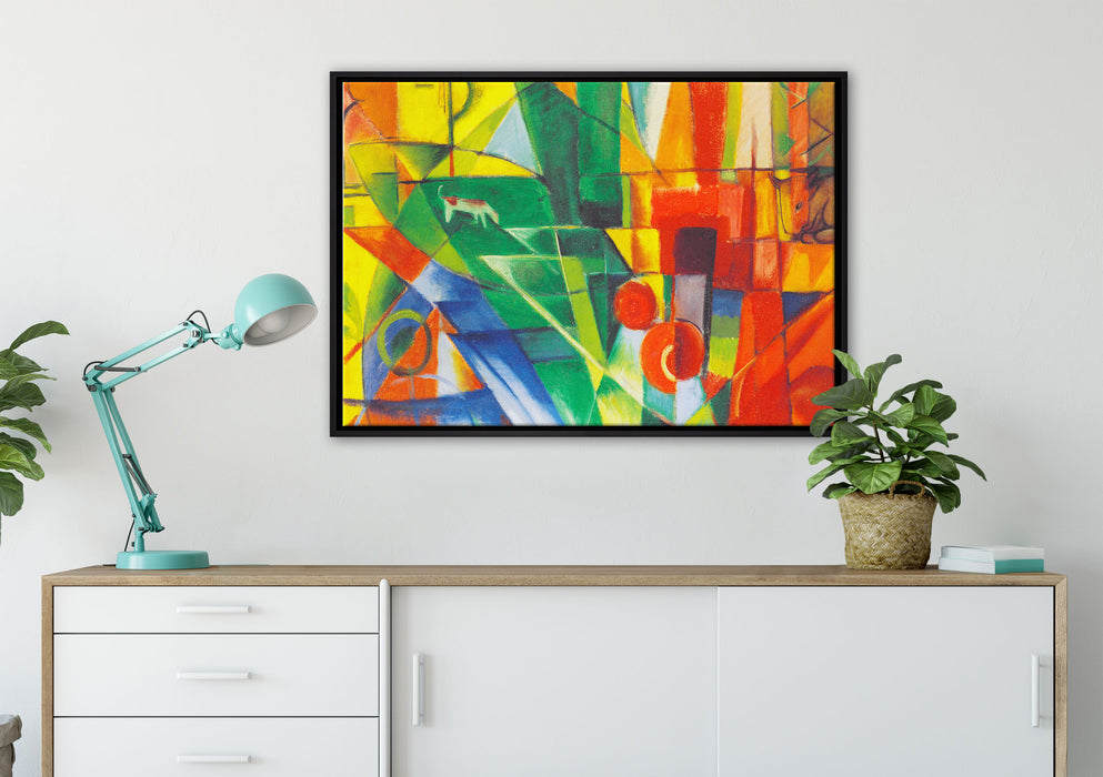 Franz Marc - Landschaft mit Haus Hund und Rind auf Leinwandbild gerahmt verschiedene Größen im Wohnzimmer