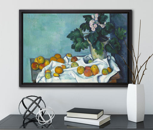 Paul Cézanne  - Stillleben mit Äpfeln und einem Topf auf Leinwandbild gerahmt mit Kirschblüten