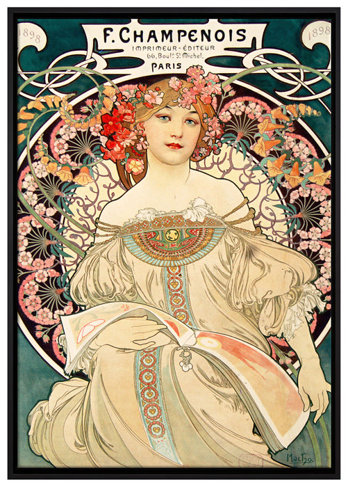 Alfons Mucha - Frau umringt von Blumen auf Leinwandbild gerahmt Größe 100x70