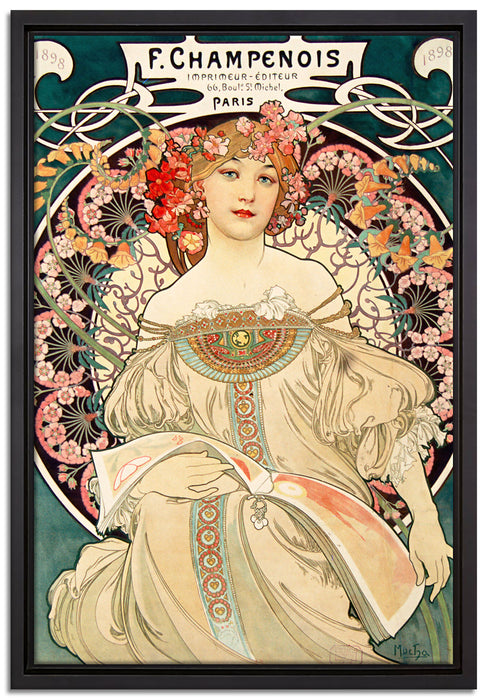 Alfons Mucha - Frau umringt von Blumen  auf Leinwandbild gerahmt Größe 60x40