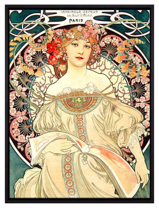 Alfons Mucha - Frau umringt von Blumen  auf Leinwandbild gerahmt Größe 80x60