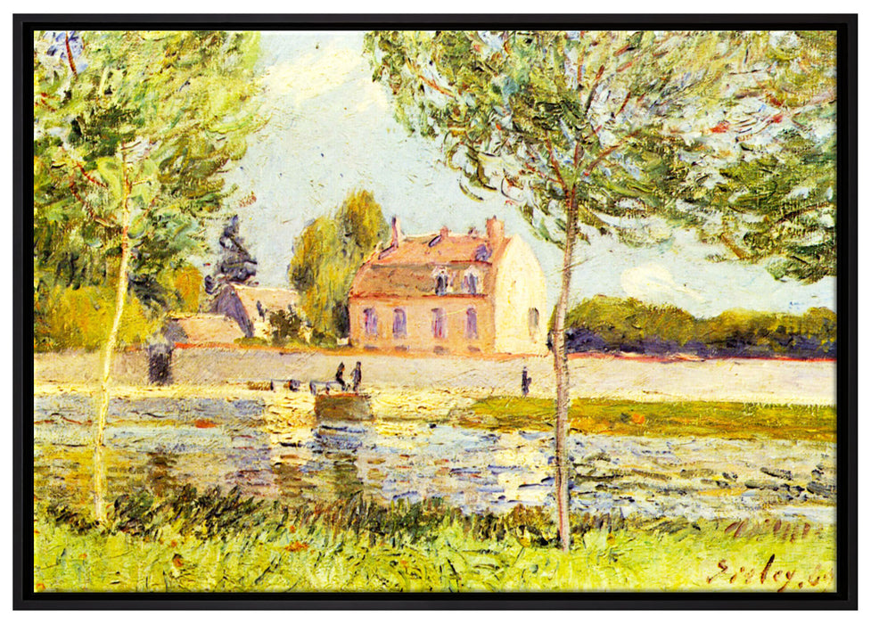 Alfred Sisley - Häuser am Ufer der Loing  auf Leinwandbild gerahmt Größe 100x70