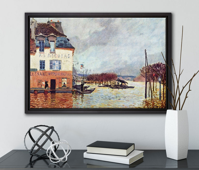 Alfred Sisley - Flood at Pont-Marley   auf Leinwandbild gerahmt mit Kirschblüten