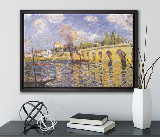 Alfred Sisley - River Steamboat and Bridge  auf Leinwandbild gerahmt mit Kirschblüten