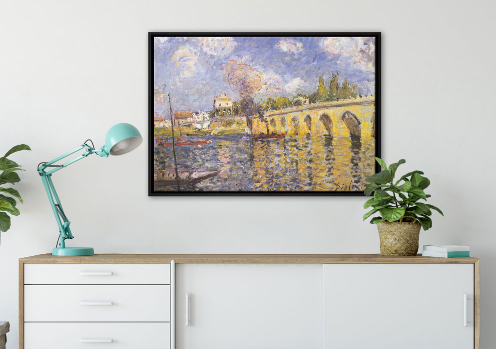 Alfred Sisley - River Steamboat and Bridge  auf Leinwandbild gerahmt verschiedene Größen im Wohnzimmer