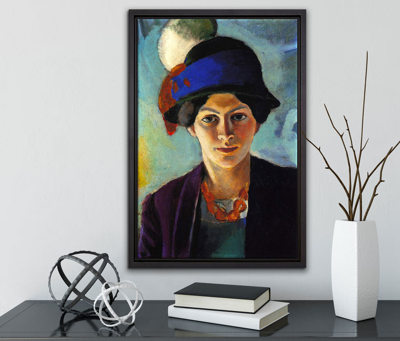 August Macke - Frau des Künstlers mit Hut auf Leinwandbild gerahmt mit Kirschblüten