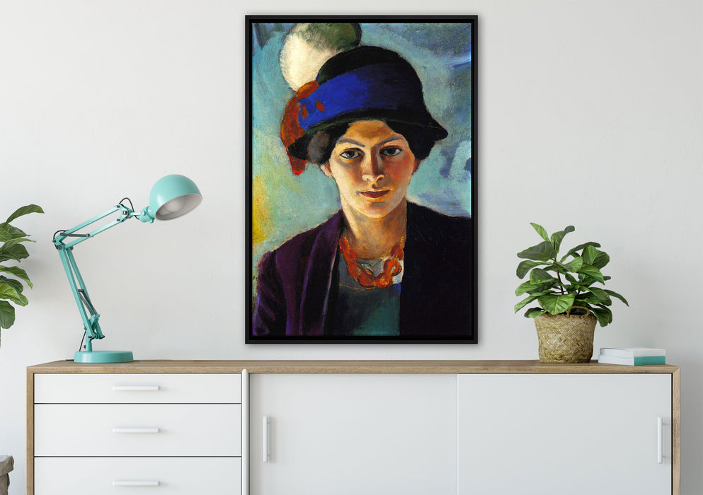 August Macke - Frau des Künstlers mit Hut auf Leinwandbild gerahmt verschiedene Größen im Wohnzimmer
