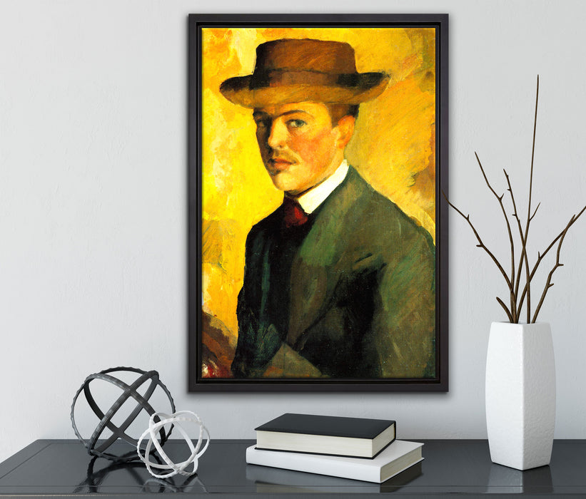 August Macke - Selbstportrait mit Hut  auf Leinwandbild gerahmt mit Kirschblüten