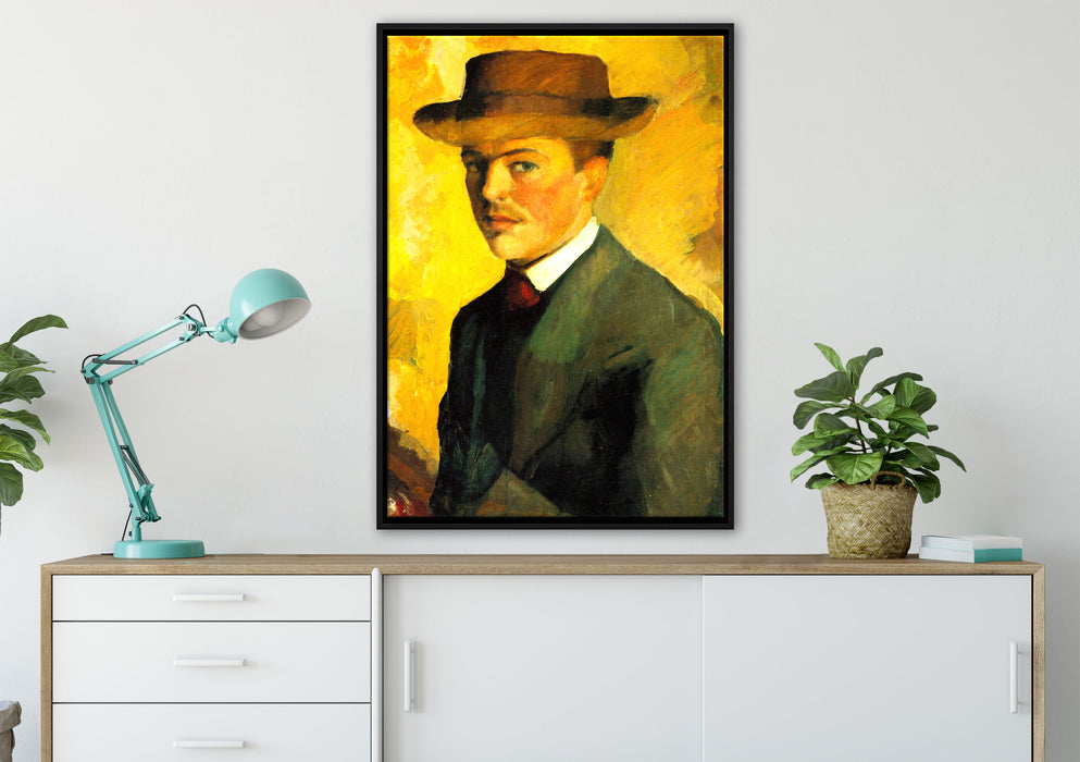 August Macke - Selbstportrait mit Hut  auf Leinwandbild gerahmt verschiedene Größen im Wohnzimmer