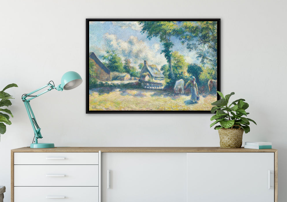 Camille Pissarro - PAYSAGE À MELLERAY FEMME DONNANT  auf Leinwandbild gerahmt verschiedene Größen im Wohnzimmer