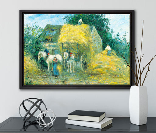Camille Pissarro - The Hay Cart Montfoucault auf Leinwandbild gerahmt mit Kirschblüten