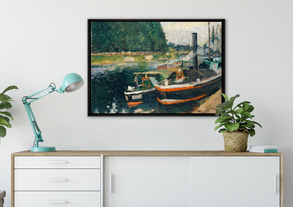 Camille Pissarro - Barges at Pontoise  auf Leinwandbild gerahmt verschiedene Größen im Wohnzimmer