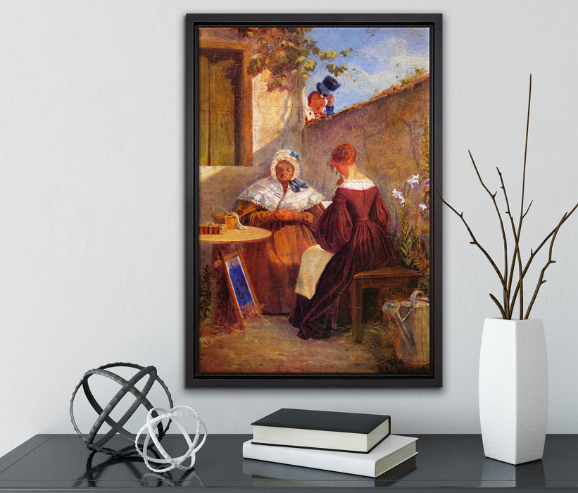 Carl Spitzweg - Der Liebesbrief auf Leinwandbild gerahmt mit Kirschblüten