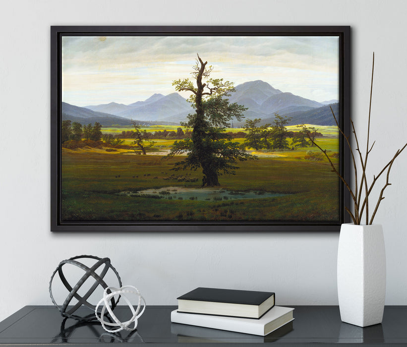 Caspar David Friedrich - Der einsame Baum auf Leinwandbild gerahmt mit Kirschblüten