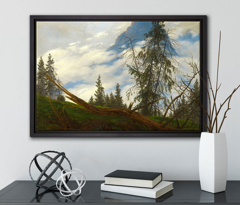 Caspar David Friedrich - Berggipfel mit ziehenden Wolke auf Leinwandbild gerahmt mit Kirschblüten