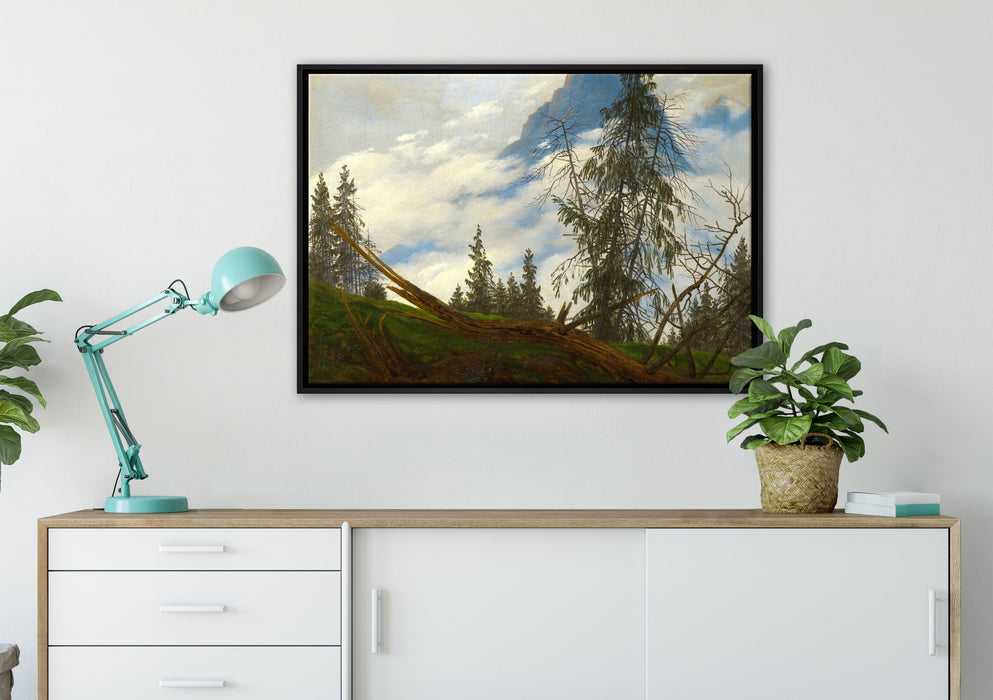 Caspar David Friedrich - Berggipfel mit ziehenden Wolke auf Leinwandbild gerahmt verschiedene Größen im Wohnzimmer