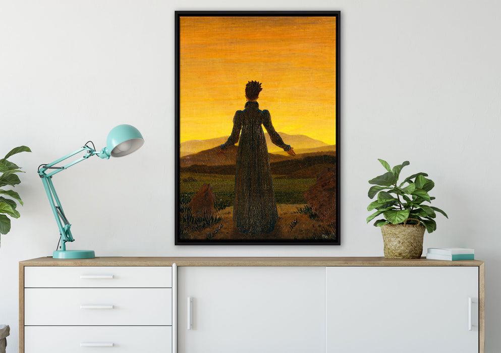 Caspar David Friedrich - Frau vor untergehender Sonne auf Leinwandbild gerahmt verschiedene Größen im Wohnzimmer