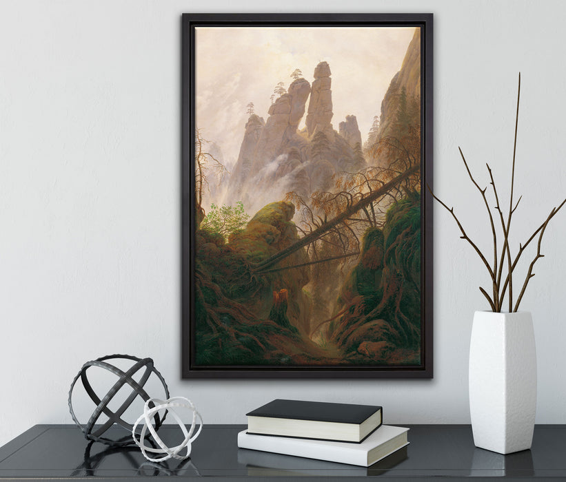 Caspar David Friedrich - Felsenlandschaft im Elbsandste auf Leinwandbild gerahmt mit Kirschblüten