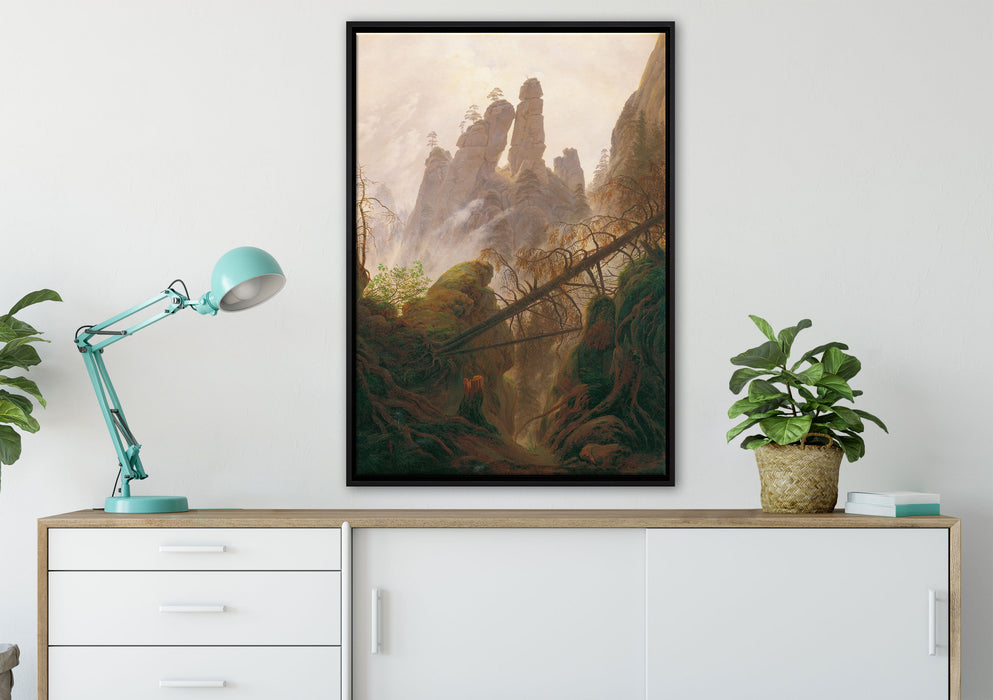 Caspar David Friedrich - Felsenlandschaft im Elbsandste auf Leinwandbild gerahmt verschiedene Größen im Wohnzimmer