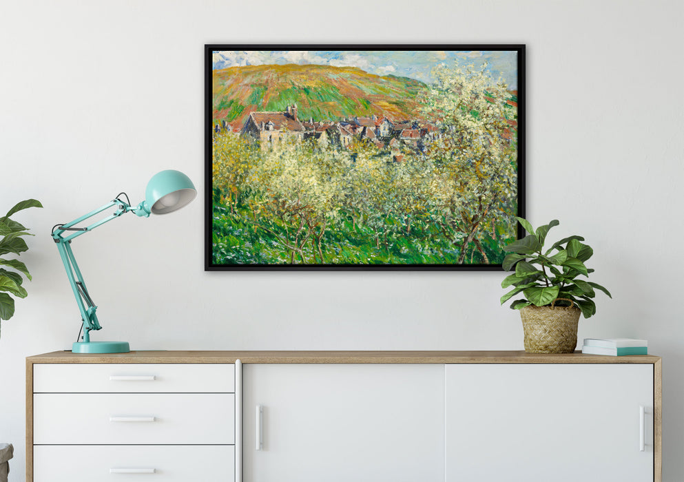 Claude Monet - Blühende Pflaumenbäume  auf Leinwandbild gerahmt verschiedene Größen im Wohnzimmer