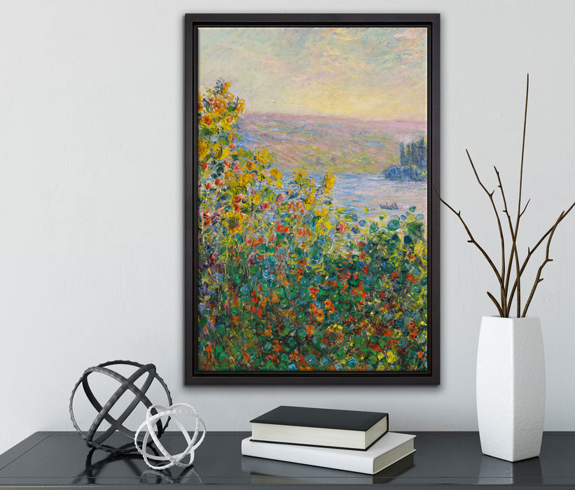 Claude Monet - Blumenbeete in Vetheuil  auf Leinwandbild gerahmt mit Kirschblüten