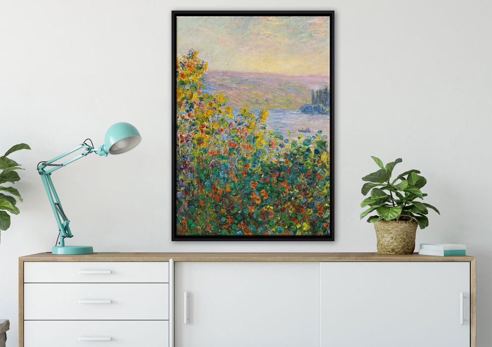 Claude Monet - Blumenbeete in Vetheuil  auf Leinwandbild gerahmt verschiedene Größen im Wohnzimmer