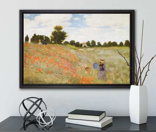 Claude Monet - Mohnfeld II auf Leinwandbild gerahmt mit Kirschblüten