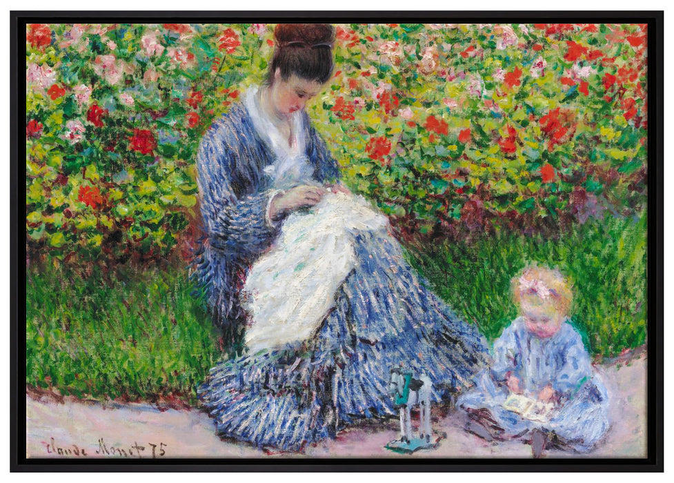 Claude Monet - Camille Monet und ein Kind im Garten des auf Leinwandbild gerahmt Größe 100x70