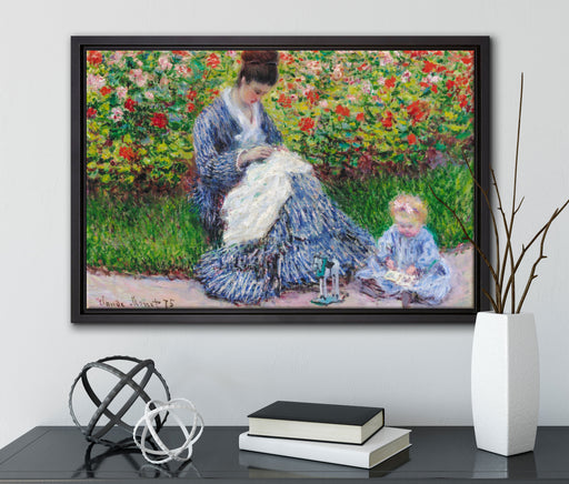 Claude Monet - Camille Monet und ein Kind im Garten des auf Leinwandbild gerahmt mit Kirschblüten