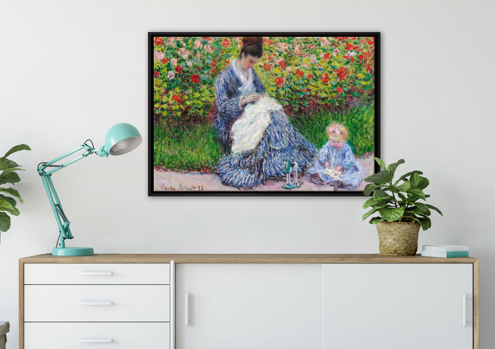 Claude Monet - Camille Monet und ein Kind im Garten des auf Leinwandbild gerahmt verschiedene Größen im Wohnzimmer