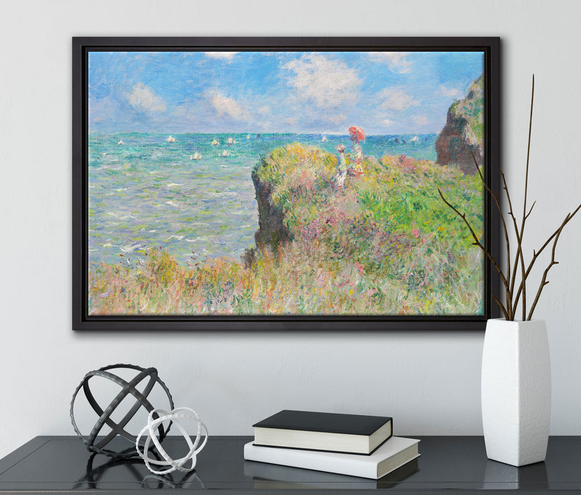 Claude Monet - Spaziergang auf Klippen-Ebene bei Pourvi auf Leinwandbild gerahmt mit Kirschblüten