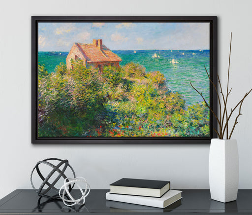 Claude Monet - Fischer-Häuschen in Varengeville auf Leinwandbild gerahmt mit Kirschblüten