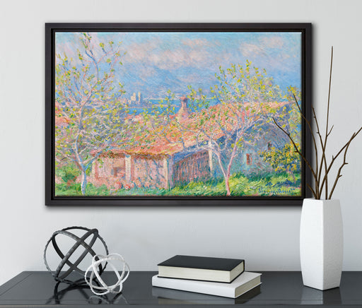 Claude Monet - Gärtner Häuschen in Antibes auf Leinwandbild gerahmt mit Kirschblüten