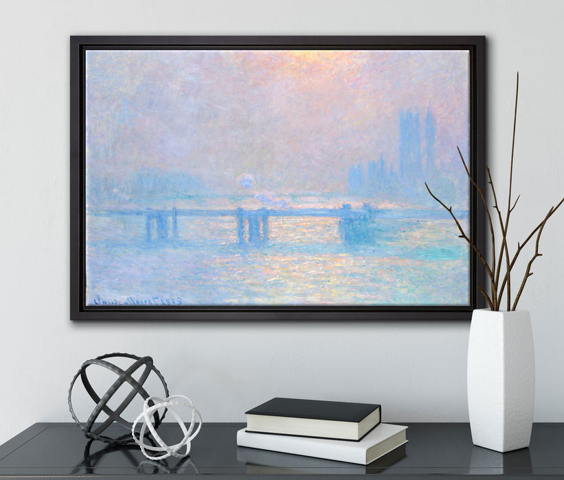 Claude Monet - Le Soleil sur la Tamise à Londres broui auf Leinwandbild gerahmt mit Kirschblüten
