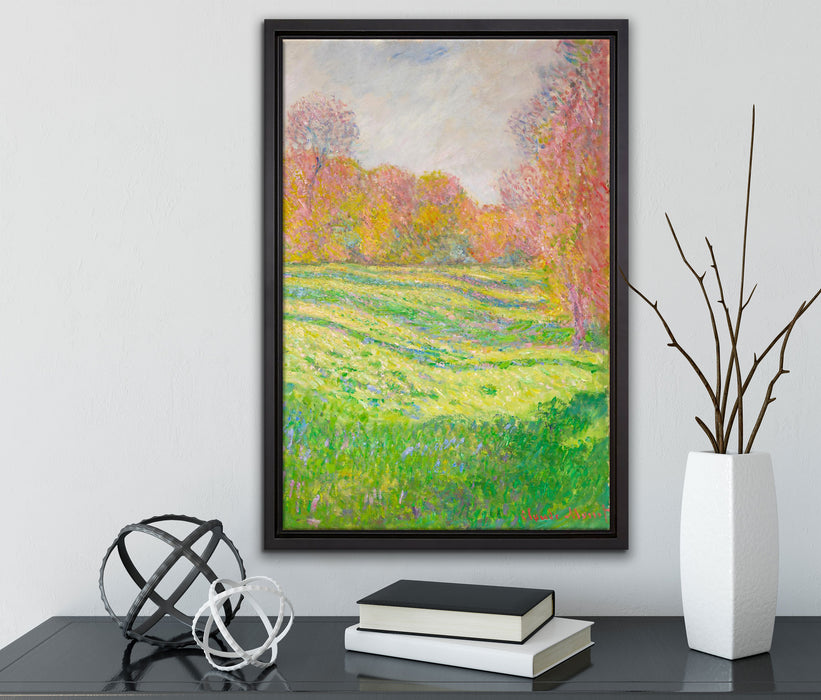 Claude Monet - Wiese in Giverny auf Leinwandbild gerahmt mit Kirschblüten